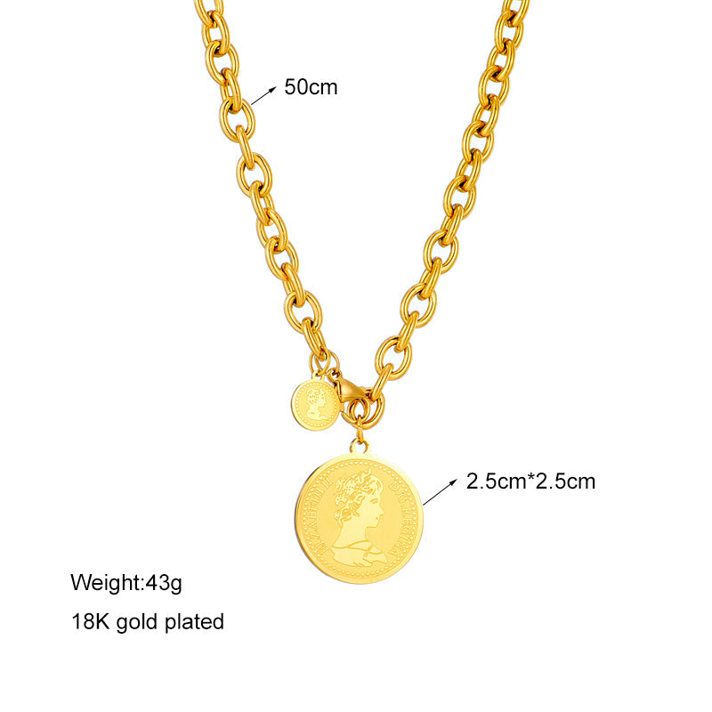 IL - Gold Stainless Steel Round Portrait Coin Necklace