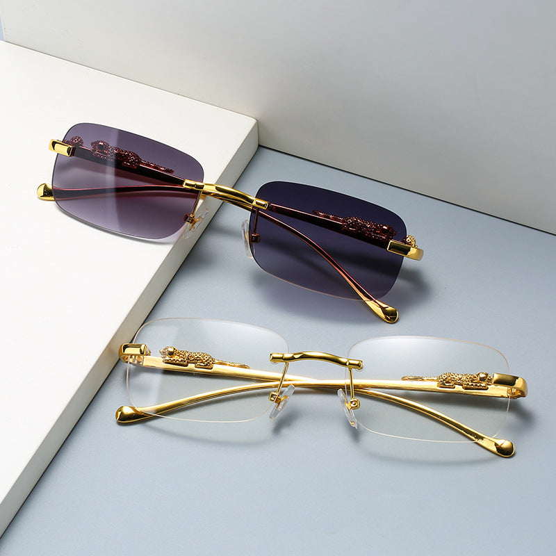 IL - Vintage Gold Metal Leopard Sunglasses with Rimless Rectangle Frame and Tinted Shades