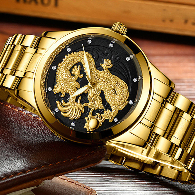 IL - Golden Stainless Steel Casual Watch Dragon Design, Waterproof, Luminous