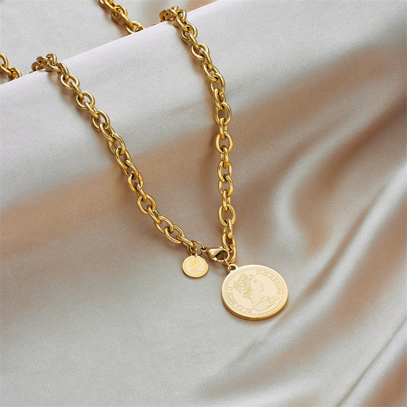 IL - Gold Stainless Steel Round Portrait Coin Necklace