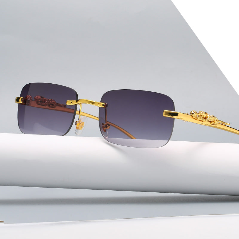 IL - Vintage Gold Metal Leopard Sunglasses with Rimless Rectangle Frame and Tinted Shades