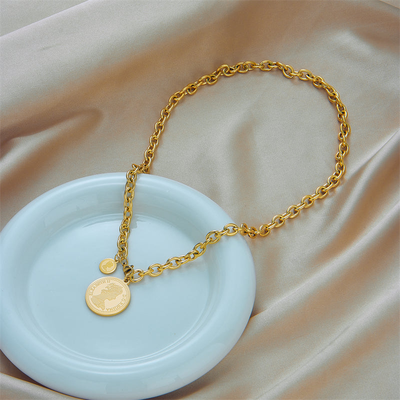 IL - Gold Stainless Steel Round Portrait Coin Necklace