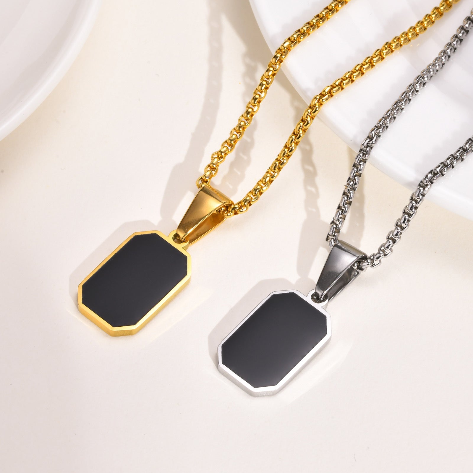 IL - Geometric Square Necklace with Black Enamel Rectangle Pendant