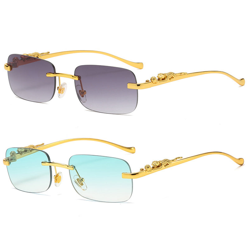 IL - Vintage Gold Metal Leopard Sunglasses with Rimless Rectangle Frame and Tinted Shades