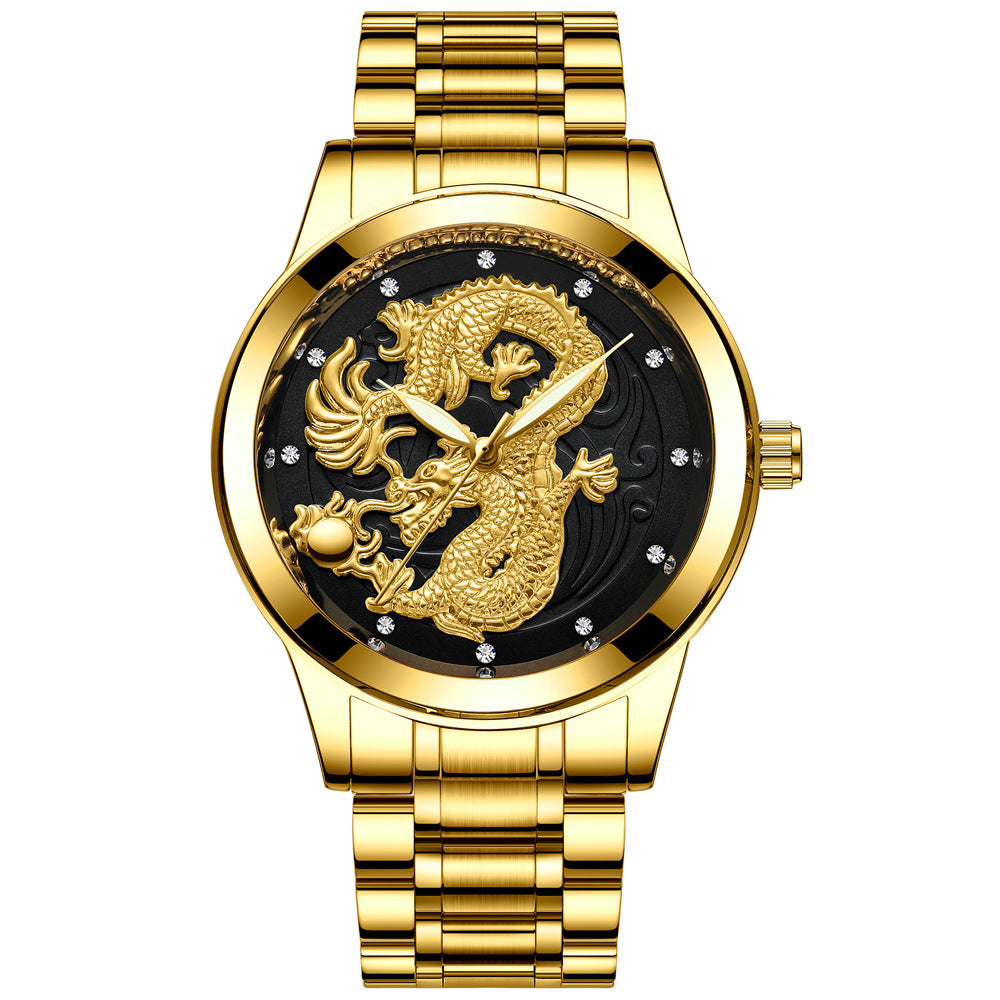 IL - Golden Stainless Steel Casual Watch Dragon Design, Waterproof, Luminous