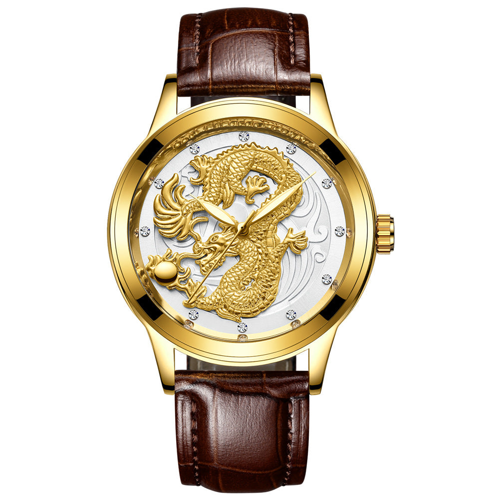 IL - Golden Stainless Steel Casual Watch Dragon Design, Waterproof, Luminous