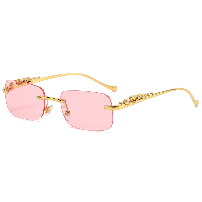 IL - Vintage Gold Metal Leopard Sunglasses with Rimless Rectangle Frame and Tinted Shades