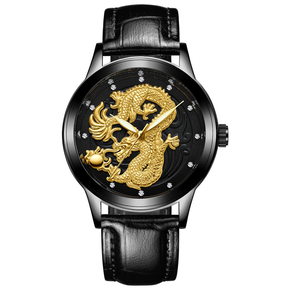 IL - Golden Stainless Steel Casual Watch Dragon Design, Waterproof, Luminous