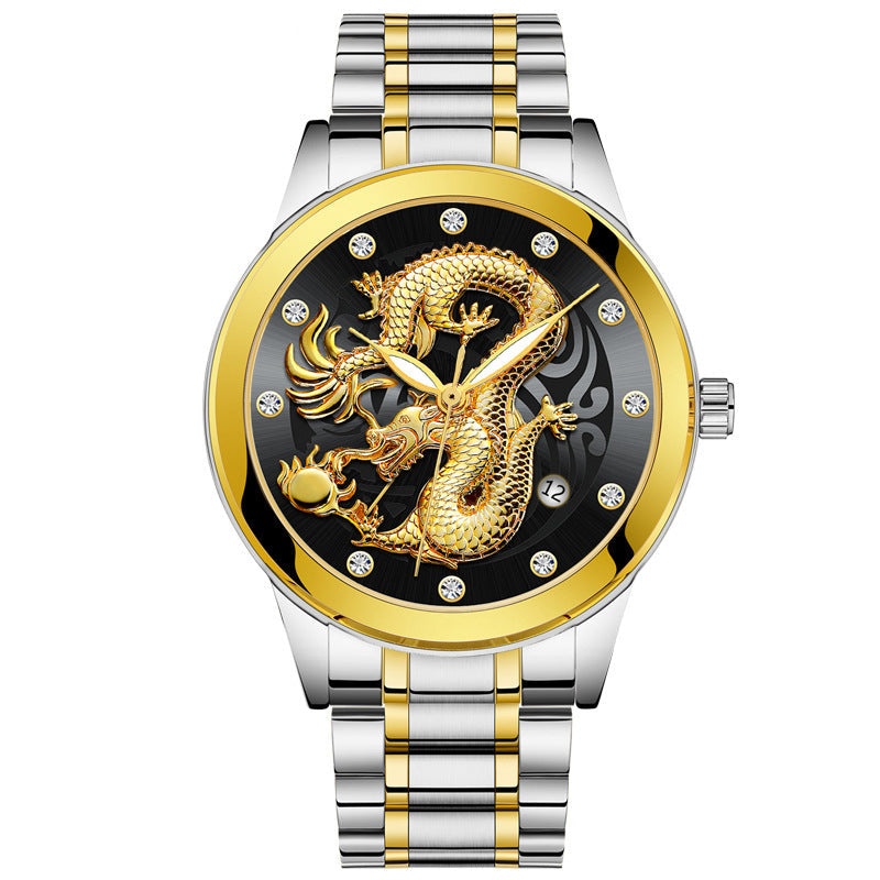 IL - Golden Stainless Steel Casual Watch Dragon Design, Waterproof, Luminous