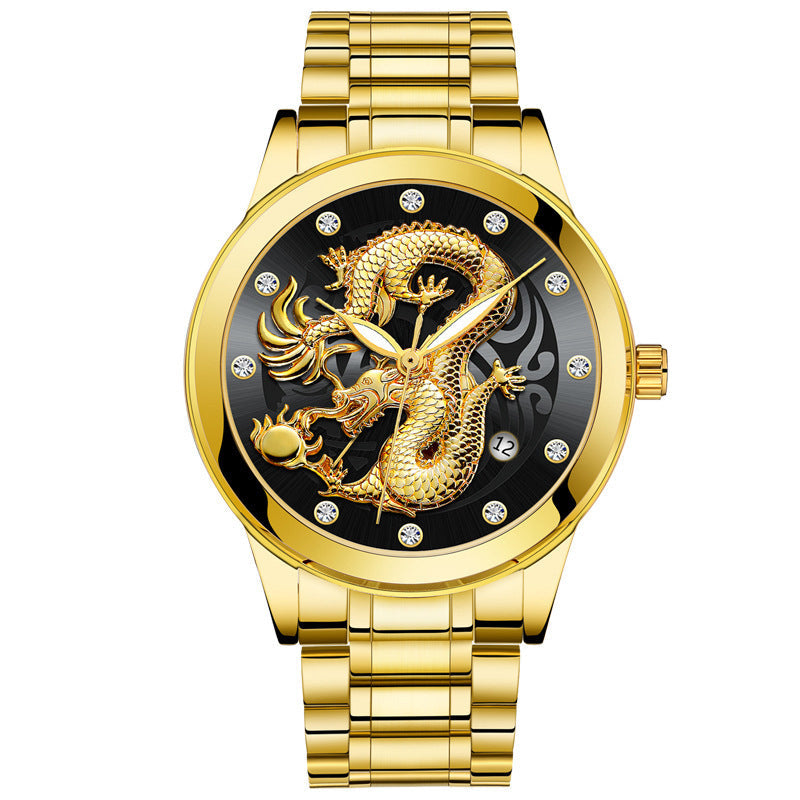 IL - Golden Stainless Steel Casual Watch Dragon Design, Waterproof, Luminous