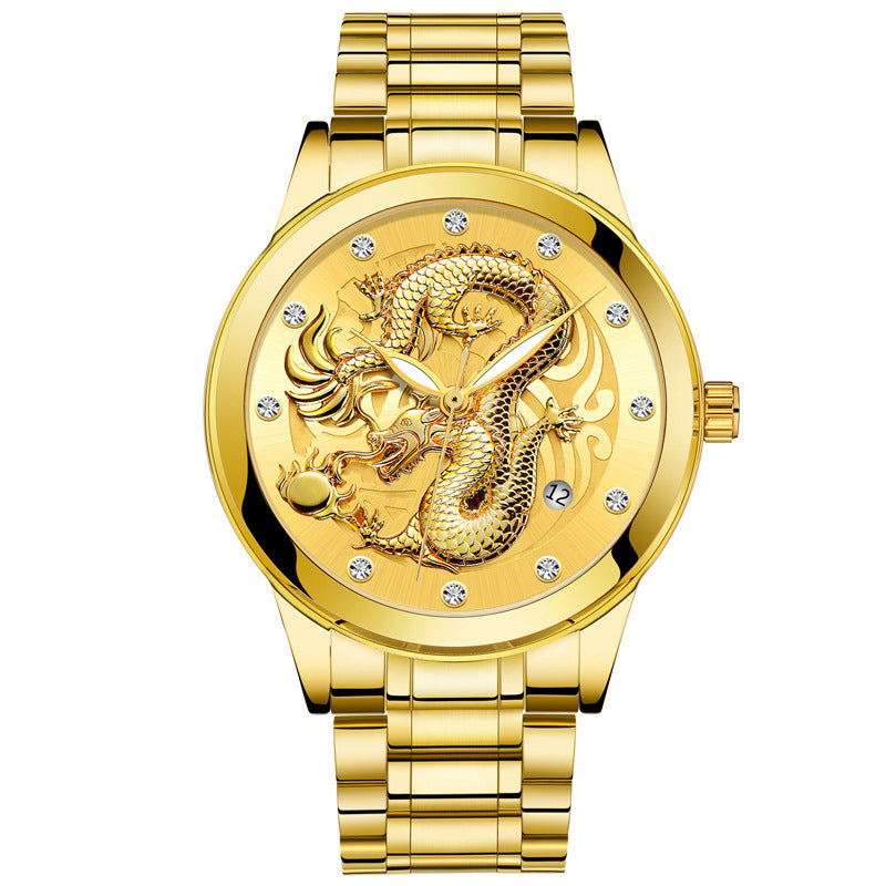 IL - Golden Stainless Steel Casual Watch Dragon Design, Waterproof, Luminous