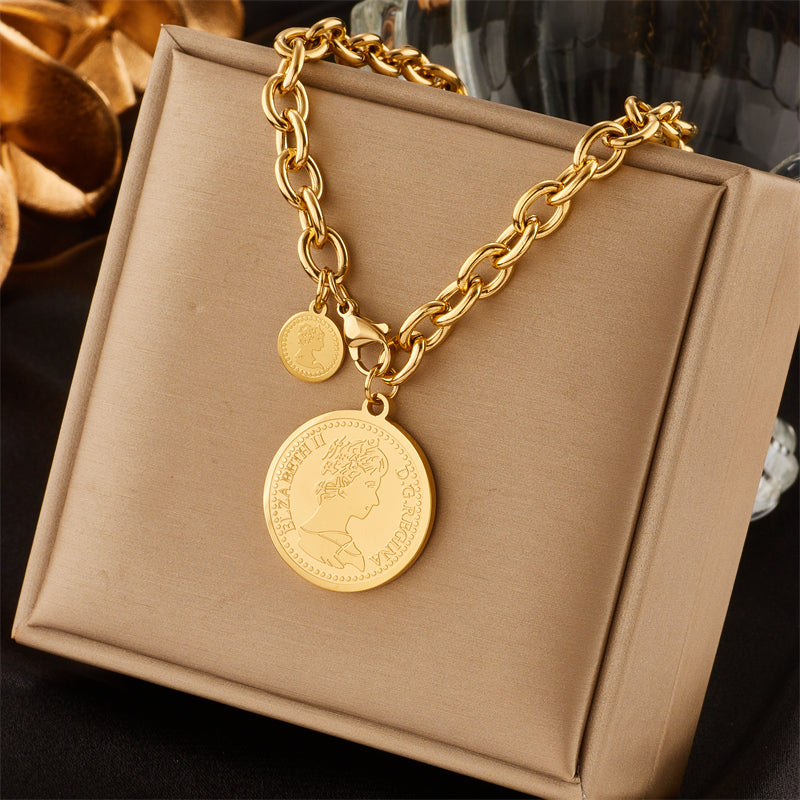 IL - Gold Stainless Steel Round Portrait Coin Necklace