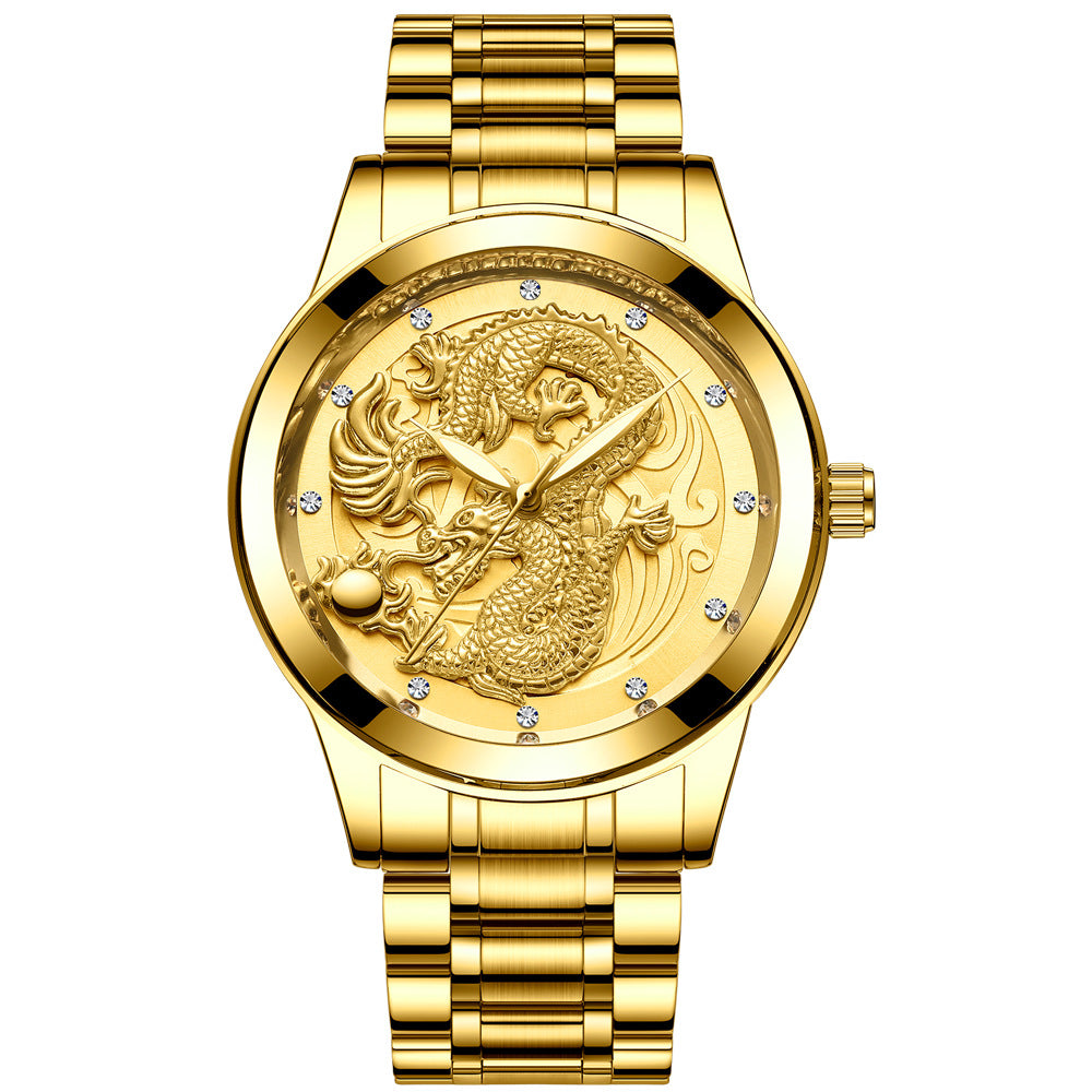 IL - Golden Stainless Steel Casual Watch Dragon Design, Waterproof, Luminous