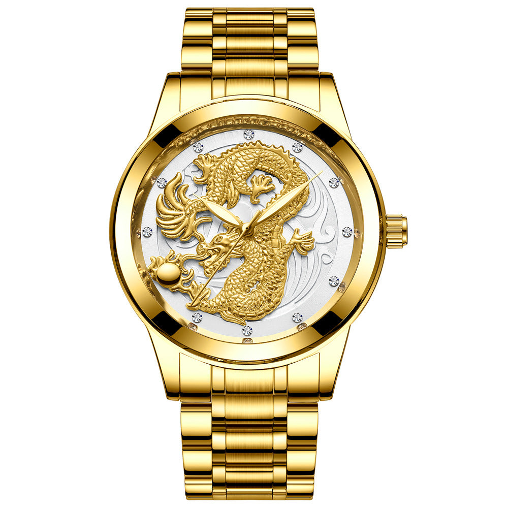 IL - Golden Stainless Steel Casual Watch Dragon Design, Waterproof, Luminous