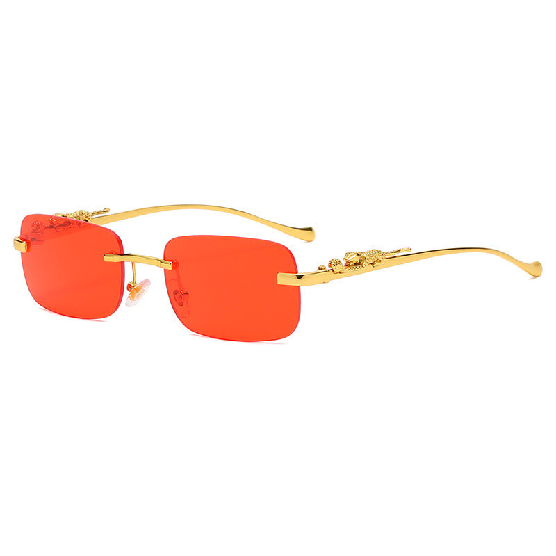 IL - Vintage Gold Metal Leopard Sunglasses with Rimless Rectangle Frame and Tinted Shades