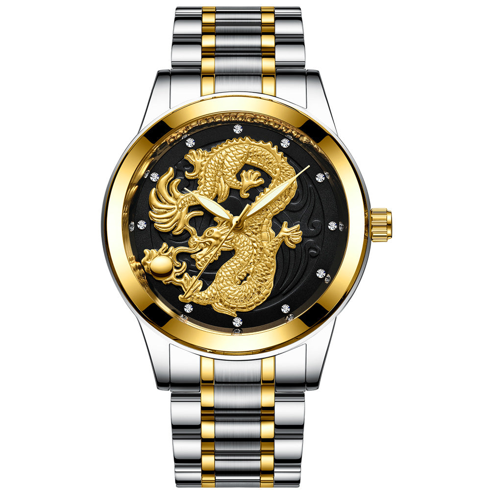 IL - Golden Stainless Steel Casual Watch Dragon Design, Waterproof, Luminous