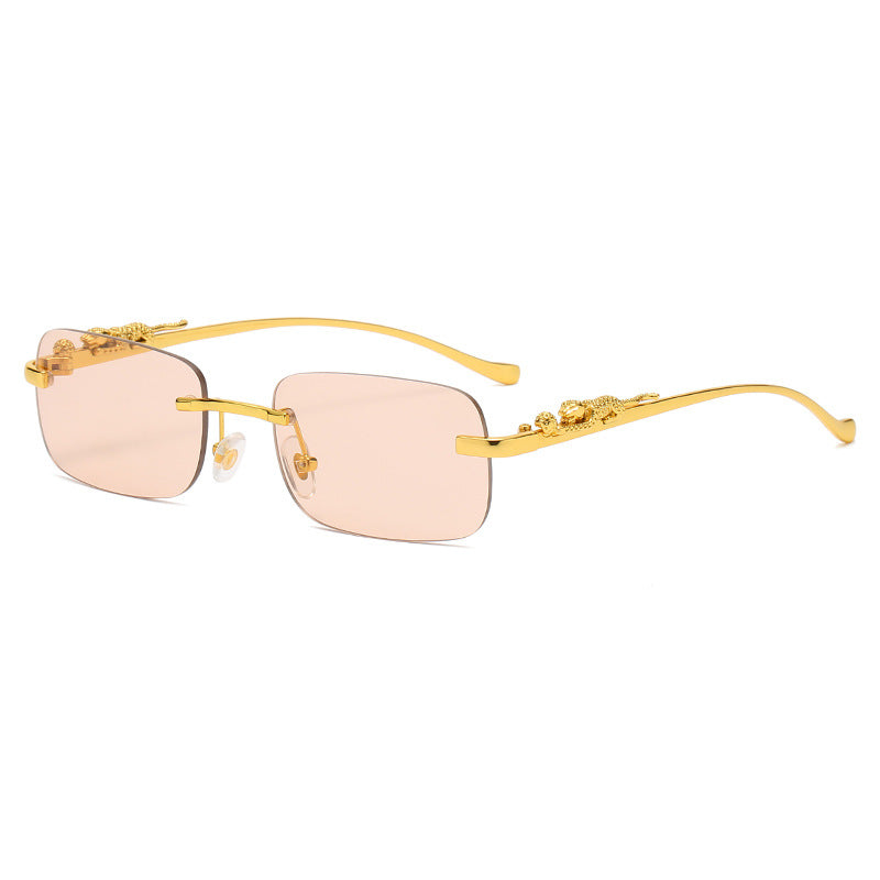 IL - Vintage Gold Metal Leopard Sunglasses with Rimless Rectangle Frame and Tinted Shades