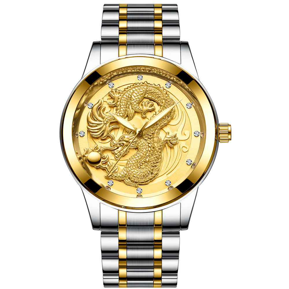 IL - Golden Stainless Steel Casual Watch Dragon Design, Waterproof, Luminous