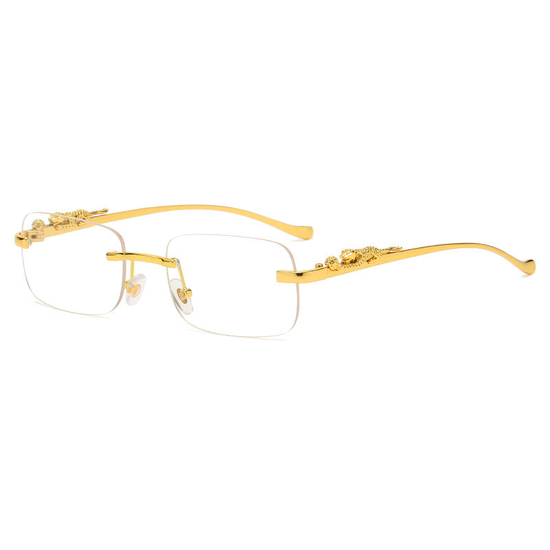 IL - Vintage Gold Metal Leopard Sunglasses with Rimless Rectangle Frame and Tinted Shades