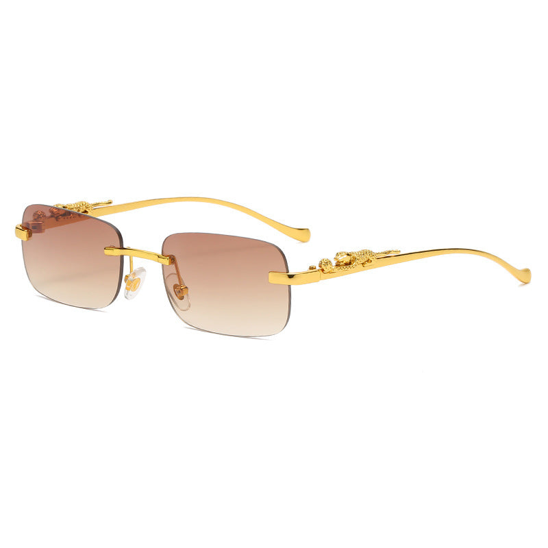 IL - Vintage Gold Metal Leopard Sunglasses with Rimless Rectangle Frame and Tinted Shades