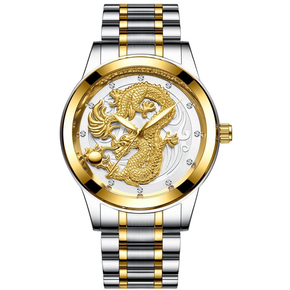 IL - Golden Stainless Steel Casual Watch Dragon Design, Waterproof, Luminous