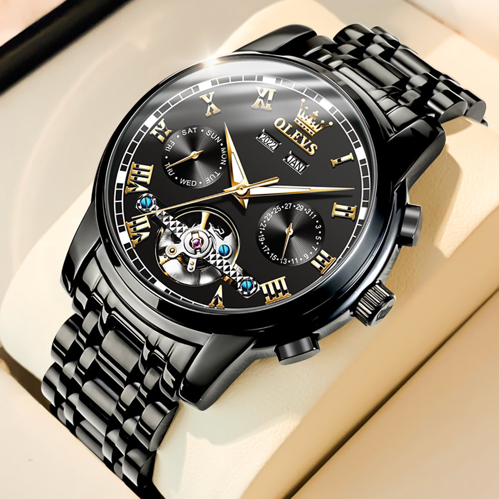 OLVES Automatic Mechanical Business Watch with Calendar, Stainless Steel, and Waterproof Design