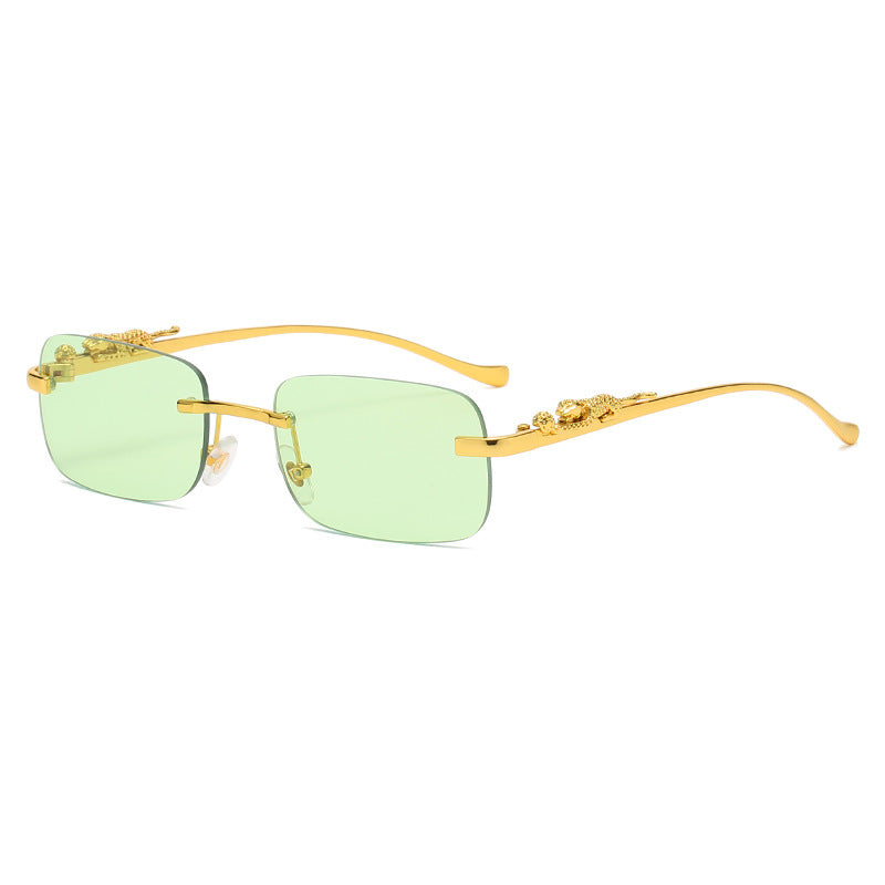 IL - Vintage Gold Metal Leopard Sunglasses with Rimless Rectangle Frame and Tinted Shades