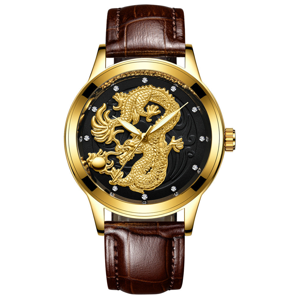 IL - Golden Stainless Steel Casual Watch Dragon Design, Waterproof, Luminous