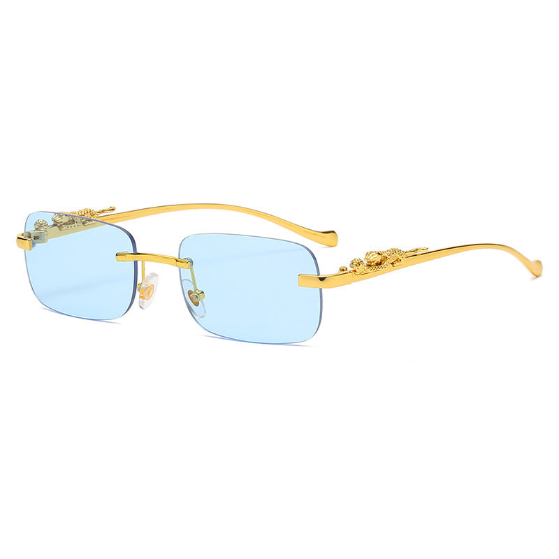 IL - Vintage Gold Metal Leopard Sunglasses with Rimless Rectangle Frame and Tinted Shades