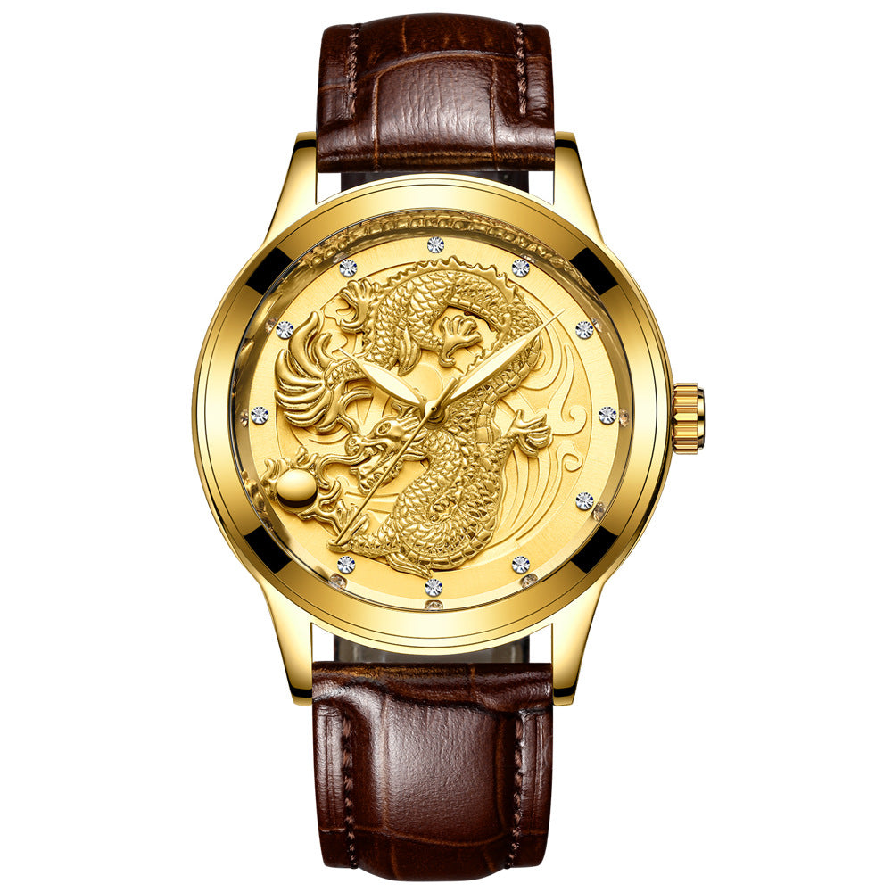 IL - Golden Stainless Steel Casual Watch Dragon Design, Waterproof, Luminous