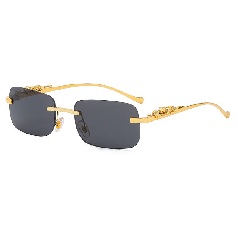 IL - Vintage Gold Metal Leopard Sunglasses with Rimless Rectangle Frame and Tinted Shades